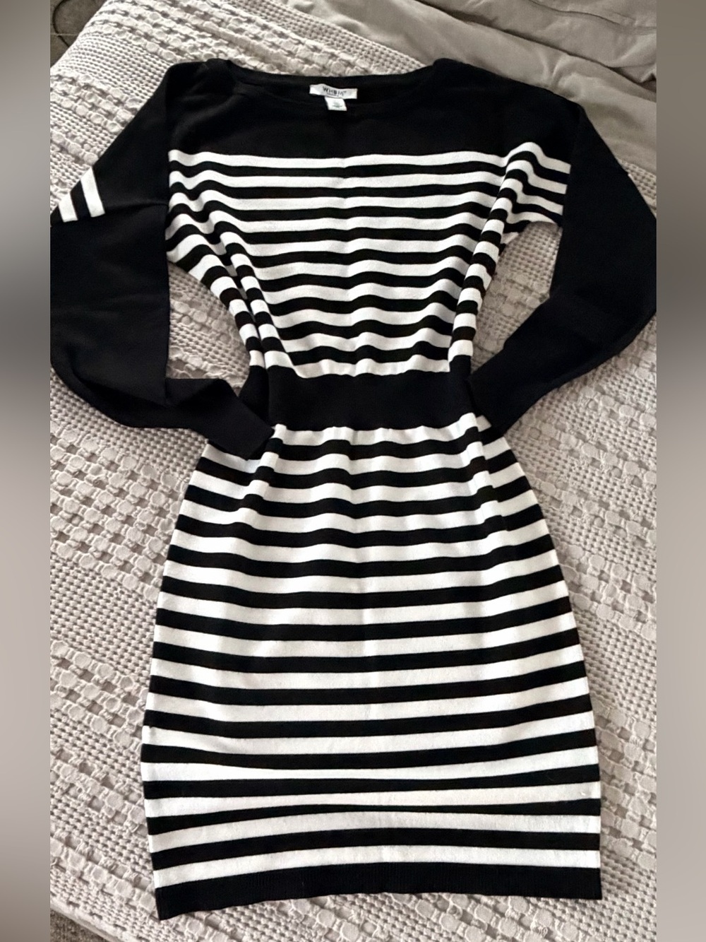 White House Black Market Black and White Striped Long Sleeve Dress